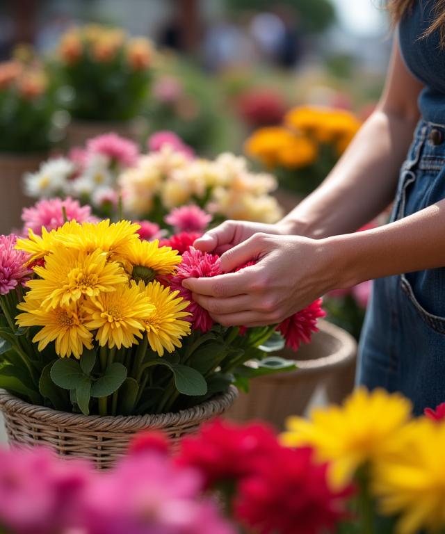 Mani di un fiorista che scelgono con cura fiori freschi da un mercato locale.